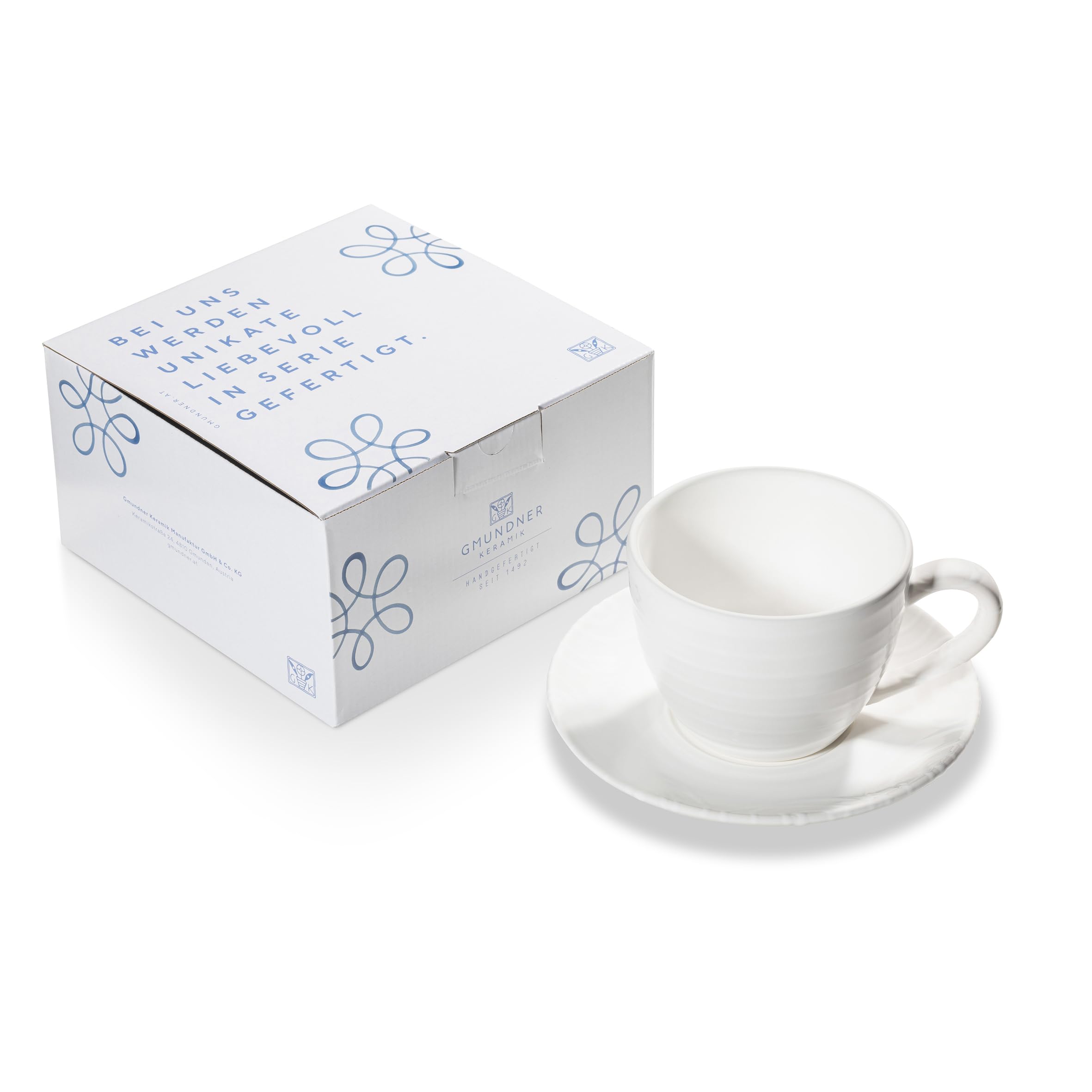 gmundner-keramik-geschirrset-teetasse-maxima-mit-unterteller-wei-geflammt-handge image 1