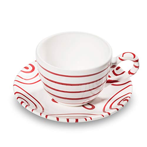 gmundner-keramik-kaffeetasse-mit-unterteller-2-teiliges-set-rotgeflammt-handgema image 2
