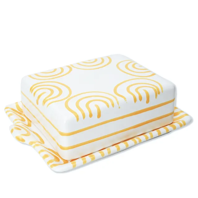 gmundner-keramik-gelbgeflammt-butterdose-mit-knopfgriff-250-g-handgefertigt-in-s image 1