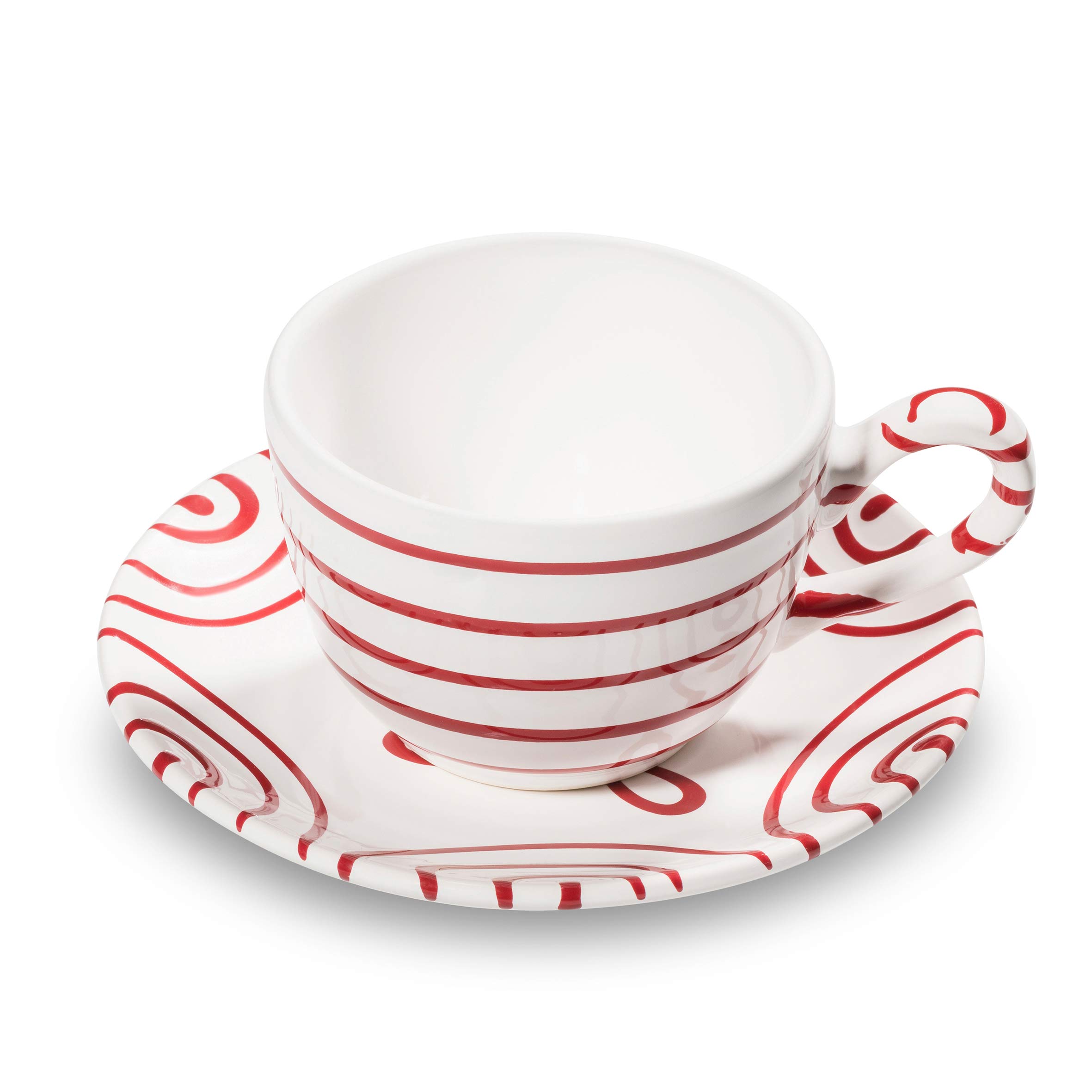 gmundner-keramik-kaffeetasse-mit-unterteller-2-teiliges-set-rotgeflammt-handgema image 1