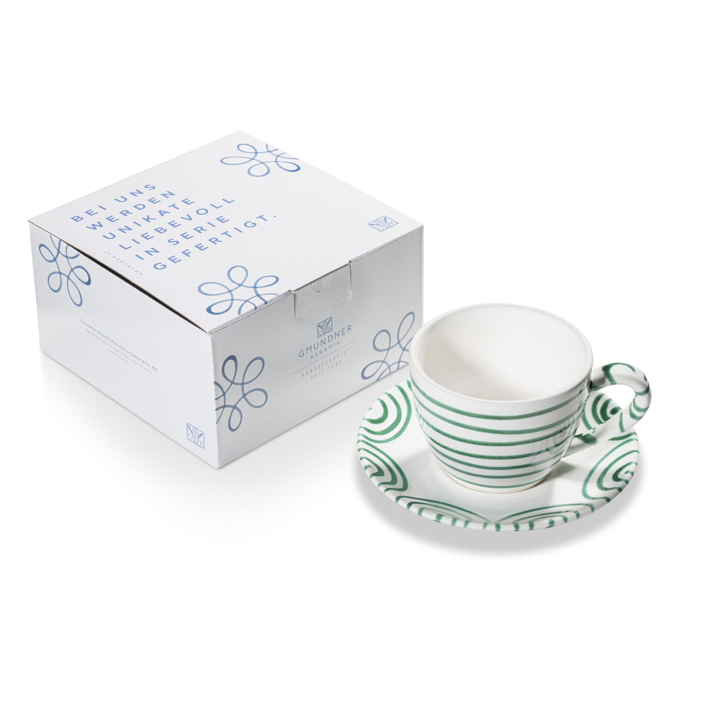 gmundner-keramik-gr-ngeflammt-teetasse-maxima-mit-unterteller-im-geschenkkarton image 1