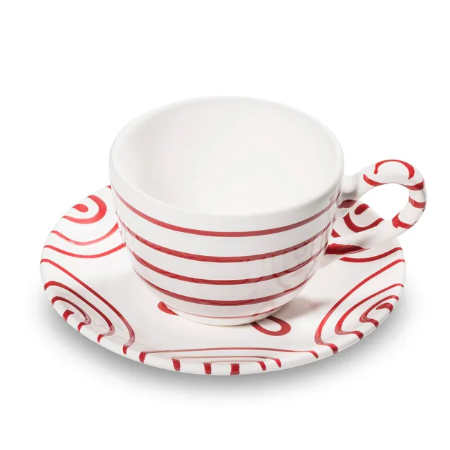 gmundner-keramik-kaffeetasse-mit-unterteller-2-teiliges-set-rotgeflammt-handgema image 1