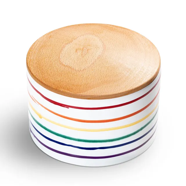 gmundner-keramik-vorratsdose-mit-holzdeckel-regenbogen-geflammt-h-he-9-5-cm-hand image 1