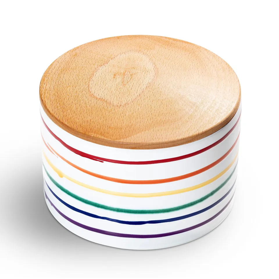 gmundner-keramik-vorratsdose-mit-holzdeckel-regenbogen-geflammt-h-he-9-5-cm-hand image 1