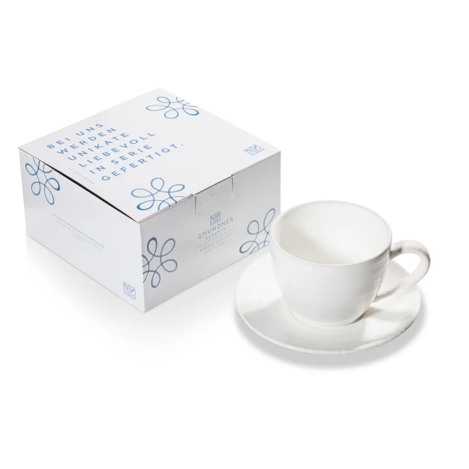 gmundner-keramik-geschirrset-teetasse-maxima-mit-unterteller-wei-geflammt-handge image 1